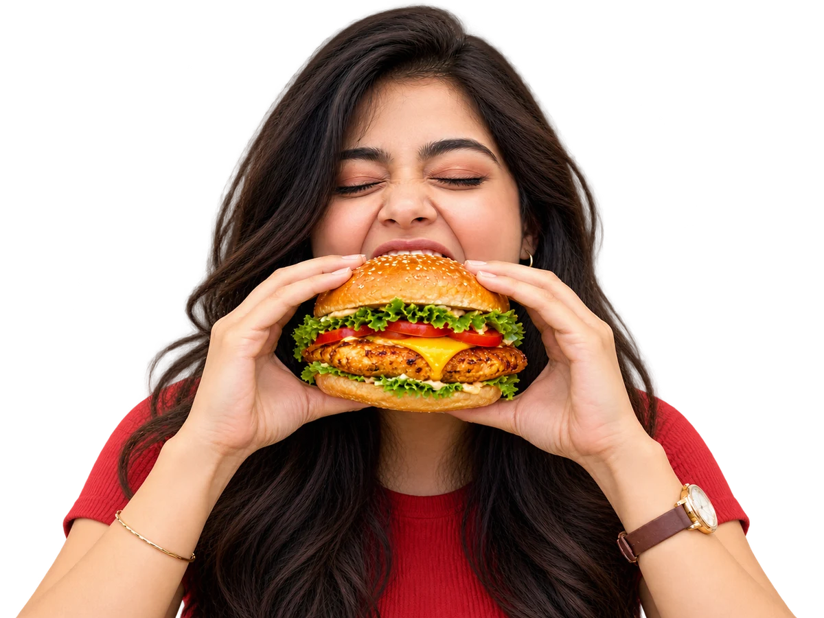 A RushHrs fan taking a big bite of the Chicken Bomber Burger